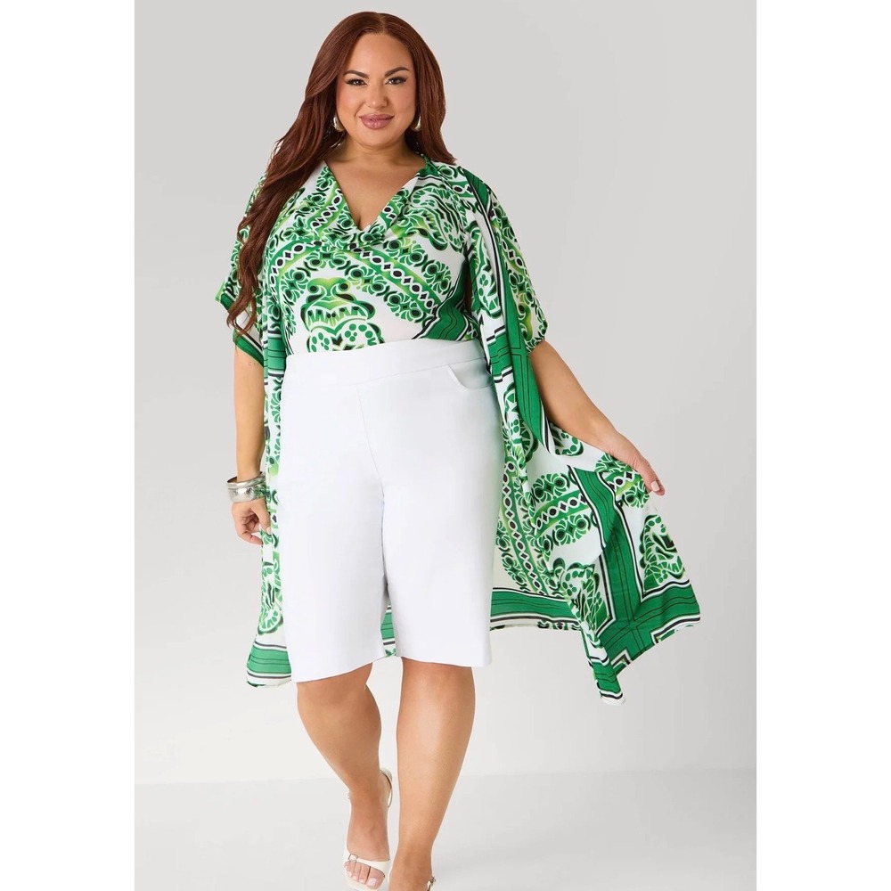 Ashley Stewart Green Geometric Medallion Open Front Kimono Wrap Plus Size 18/20